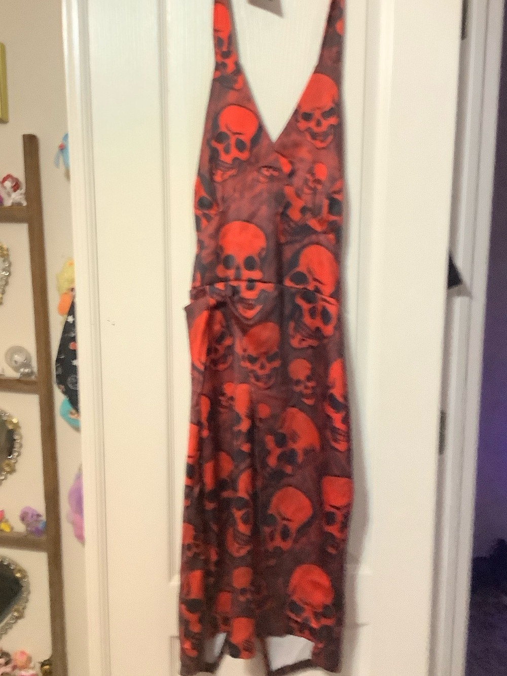 Source Unknown Red and Black Backless Skull Print Dress